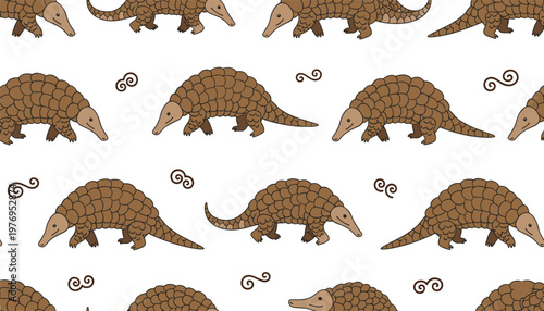Vector illustration of repeating pangolin pattern with stylized scales and cartoon design
