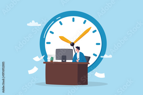 Office hour, employee time clock system, stress time to finish work within deadline timer, schedule or appointment reminder, businessman working at office desk with time clock as late office hour.