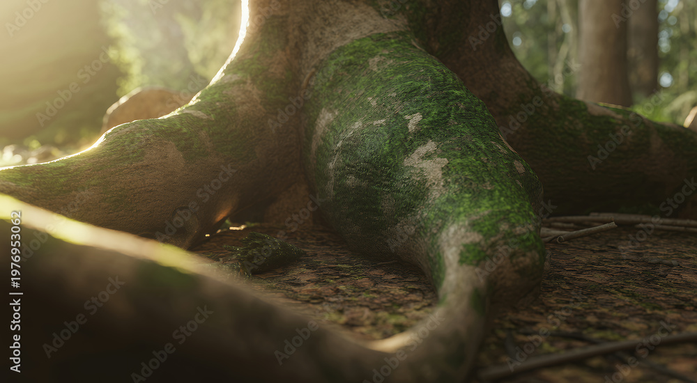 Fototapeta premium Close up of tree roots covered in green moss on forest floor with soft golden sunlight filtering in