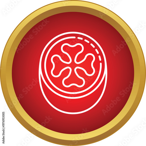 Tomato slice cross section outline icon in a red circle button with golden rim