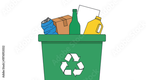 Green recycling bin overflowing with various recyclable materials and household items on a plain background