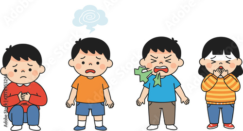 Vector illustration of cartoon children showing illness symptoms including stomach pain, dizziness, vomiting, and coughing