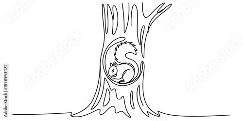 A single continuous line drawing of a cute squirrel curled up inside a hollow of an old tree.
