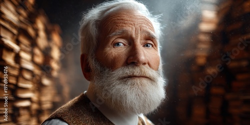 Portrait of a wise old man with a long white beard and blue eyes, looking thoughtful