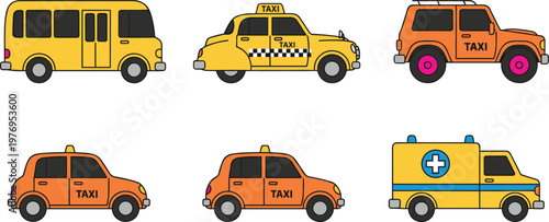 Vector illustration of cartoon taxis, minibus, and ambulance in playful colorful style
