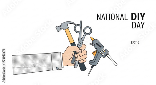 Hand holding DIY tools like a hammer scissors and glue gun celebrating National DIY Day with a concept of home improvement and crafting isolated on white