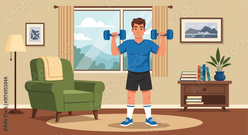Man exercising with dumbbells in a cozy living room with a view.