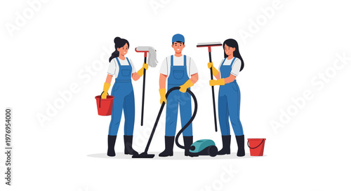 Three janitors standing with cleaning equipment in blue uniforms