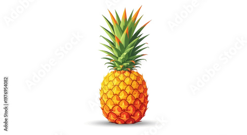 A ripe pineapple with green leaves on a plain white background.