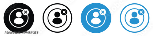 Vector set of delete user icons. Profile silhouette with an 'X' mark in circular flat and line styles. Black and blue.