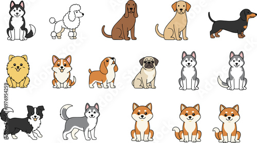 Vector illustration of cute cartoon dog breeds including husky, poodle, retriever, dachshund, corgi, pug, and more