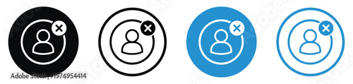 Vector set of delete user icons. Profile silhouette with an 'X' mark in circular flat and line styles. Black and blue.