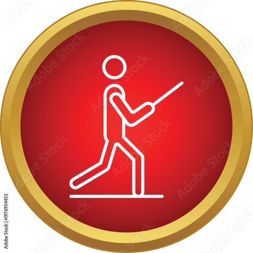 Person outline icon rowing on a red circular button with gold border