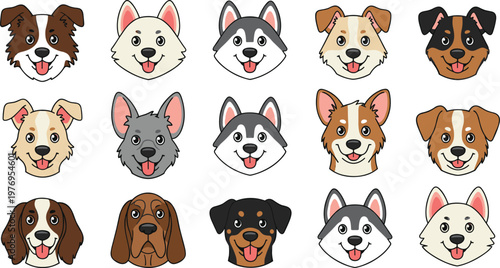 Vector illustration of diverse cartoon dog faces representing different breeds with cheerful expressions