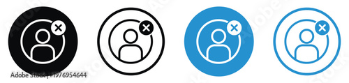 Vector set of delete user icons. Profile silhouette with an 'X' mark in circular flat and line styles. Black and blue.