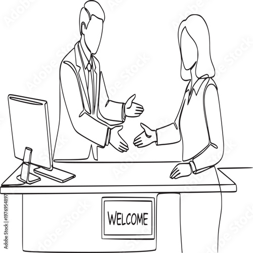 Professional receptionist greeting female visitor at modern office welcome desk