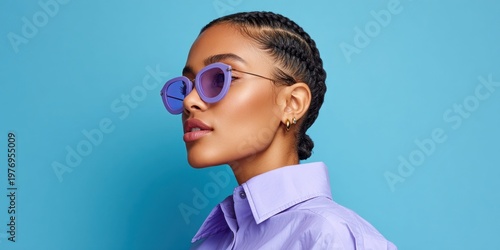 Stylish young woman with braided hair and purple sunglasses against a blue background