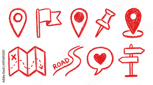 Map pointer pin location flag road signpost wax crayon drawing