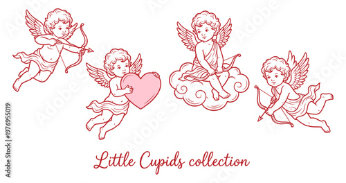 Cupid cherub angel with bow arrow heart on cloud line drawing set