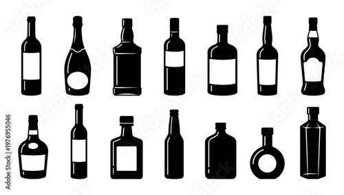 Alcohol bottle set with wine whiskey champagne beer silhouette