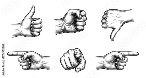 Hand gesture set thumb up down pointing finger engraving