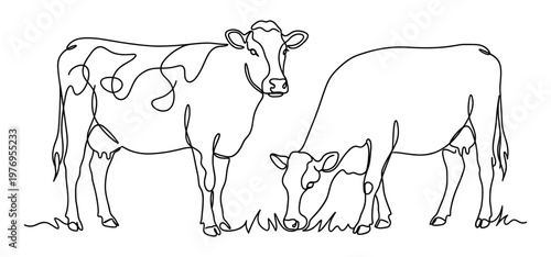 Cow grazing on pasture continuous one line drawing