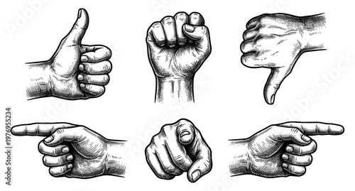 Hand gesture set thumb up down pointing finger engraving human arm sign