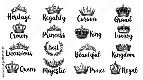 Crown tiara royal emblem set with king queen princess vintage engraving
