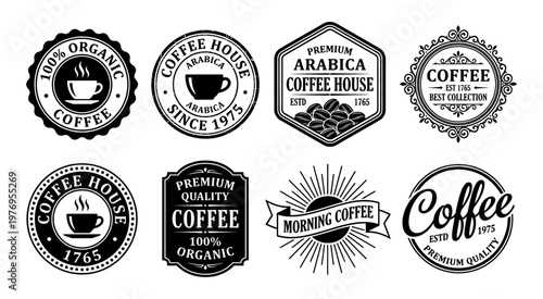 Coffee logo badge set with arabica bean cup vintage emblem