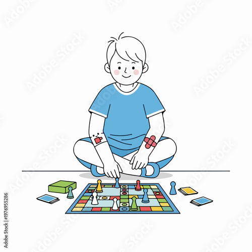 Child playing board game with colorful pieces and cards, vector illustration. Young boy enjoying tabletop activity with bandages on arms, concept for childhood fun and recovery.