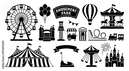 Amusement park carnival silhouette ferris wheel carousel tent set