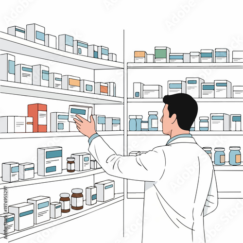 Pharmacist selecting medicine from shelves in a pharmacy, vector illustration. Professional healthcare worker organizing medication in a drugstore. Concept of pharmacy services and medical supplies.