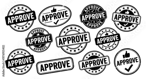 Approve rubber stamp set with check mark and thumb up grunge