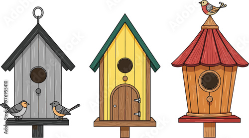 Decorative Birdhouses Illustration Set Featuring Wooden and Colorful Designs with Birds in Cozy Nature Homes in Vector Design