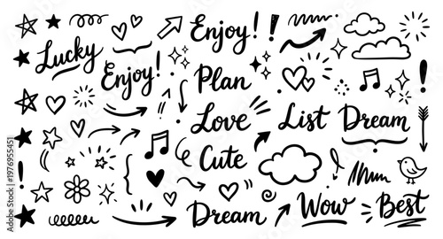 Doodle set with heart star arrow cloud and hand drawn word