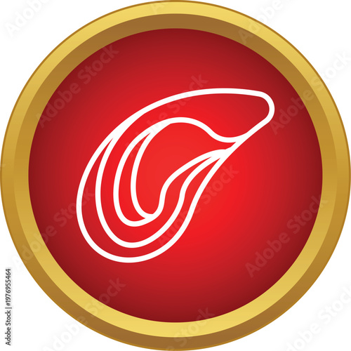 White mussel outline symbol in a gold bordered red circle button