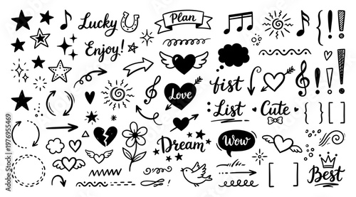 Doodle set with heart star arrow note and hand drawn word sketch