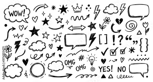 Doodle set with speech bubble arrow star heart cloud crown hand drawn