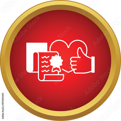Certification of quality with approval and trust symbols on a red and gold button