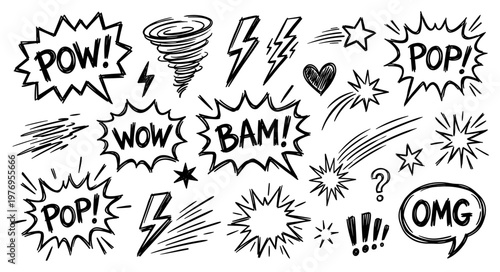 Comic doodle set with speech bubble pow wow bam pop omg