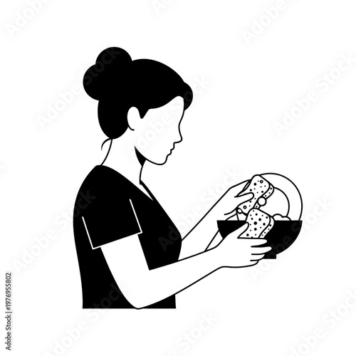 Woman washing dishes, simple line art illustration