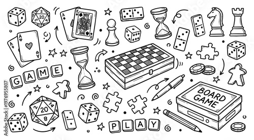 Board game doodle set with dice card chess and puzzle
