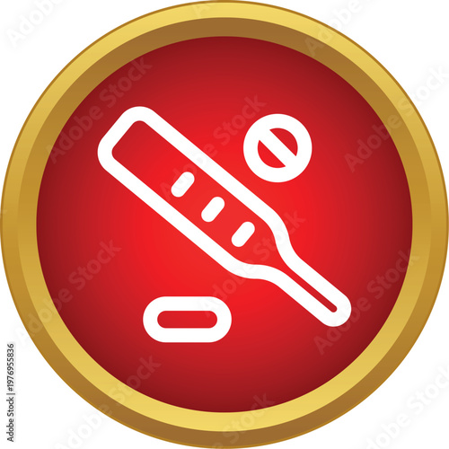 White outline icon showing a thermometer, a pill, and a prohibition sign on a red circle