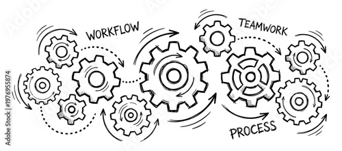 Gear mechanism doodle with workflow teamwork process concept