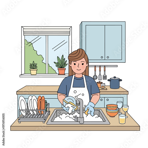 Young Person Washing Dishes in a Modern Kitchen, Household Chores