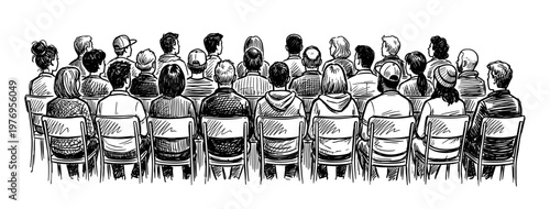 Audience group sitting on chair back view hand drawn sketch