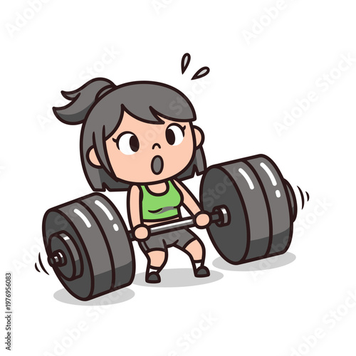 Cartoon Woman Lifting Heavy Barbell, Fitness Effort