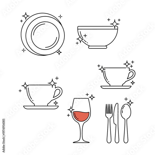 Clean Dishes and Cutlery Icons: Plate, Bowl, Cups, Wine Glass, Fork, Spoon, Knife