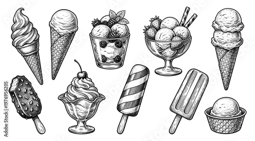 Vintage ice cream set with waffle cone popsicle and scoop engraving
