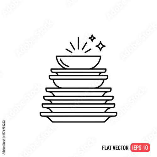 Clean Dishes Stacked High, Sparkling, Kitchenware Icon, Flat Design